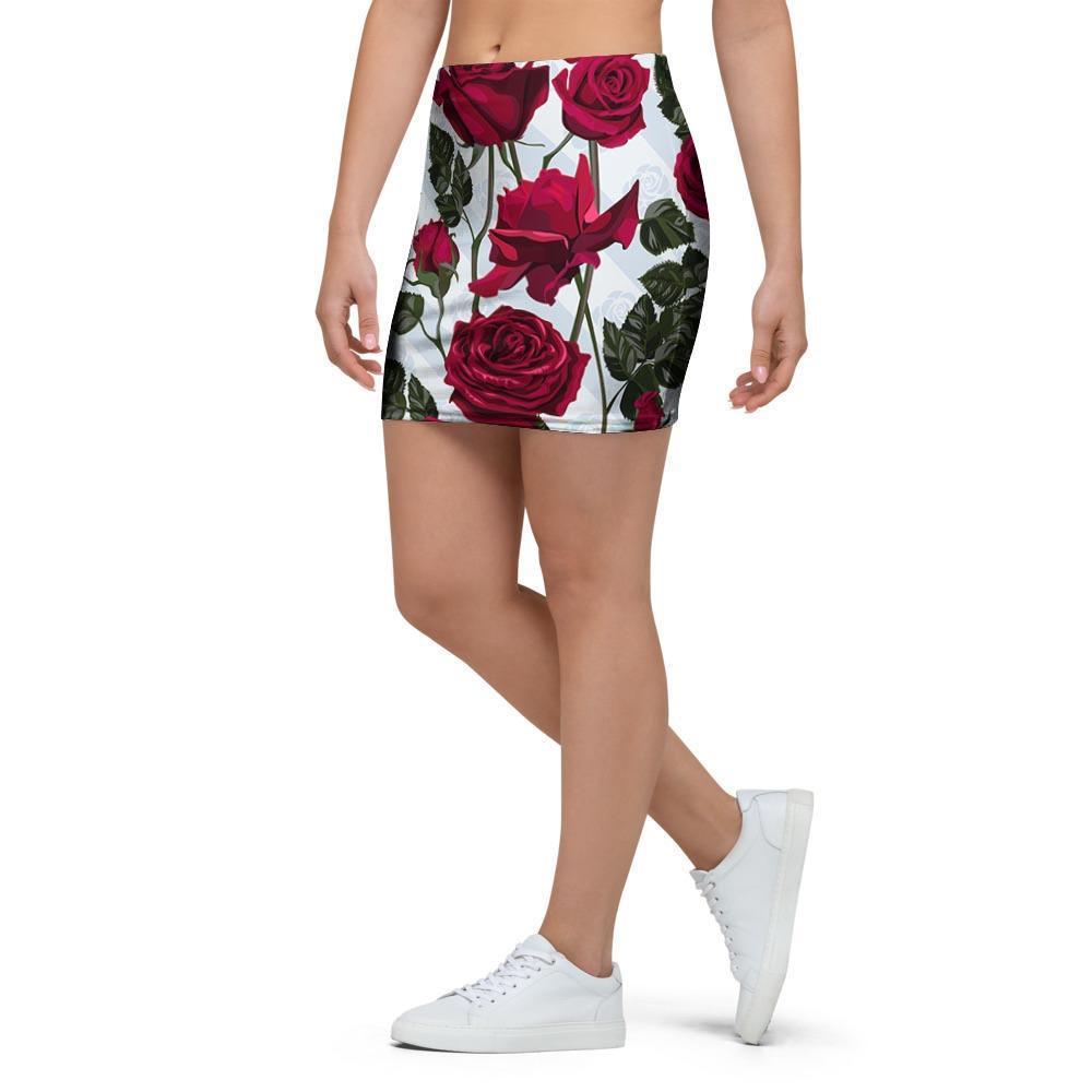 Red Rose Flower Print Mini Skirt-grizzshop
