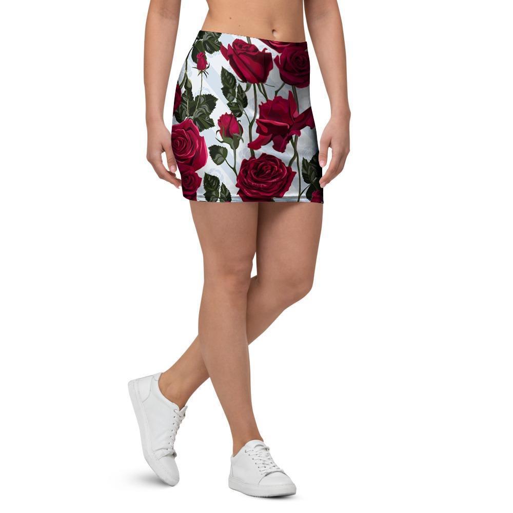 Red Rose Flower Print Mini Skirt-grizzshop