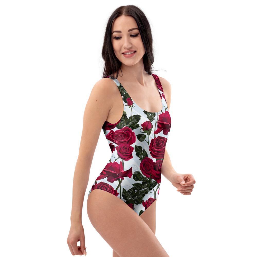 Red Rose Flower Print One Piece Swimsuite-grizzshop