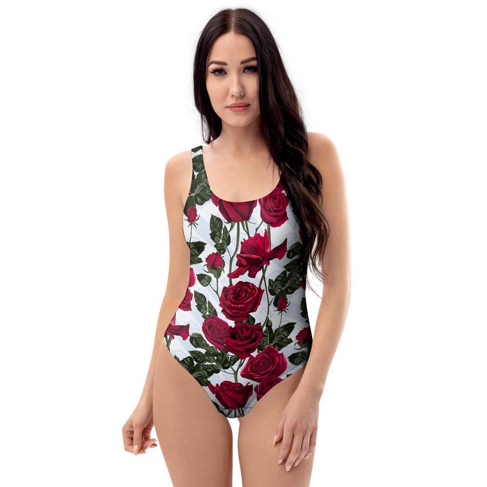 Red Rose Flower Print One Piece Swimsuite-grizzshop