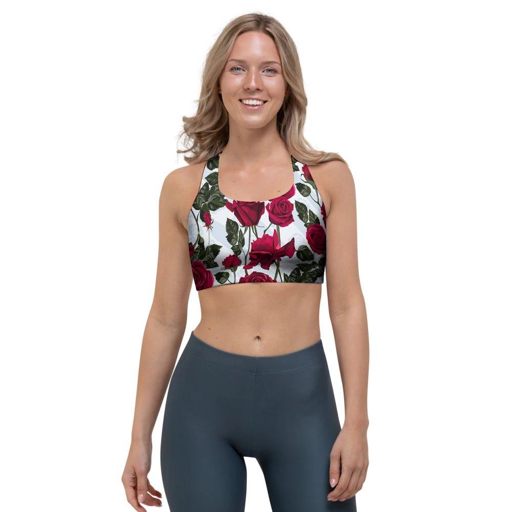 Red Rose Flower Print Sports Bra-grizzshop