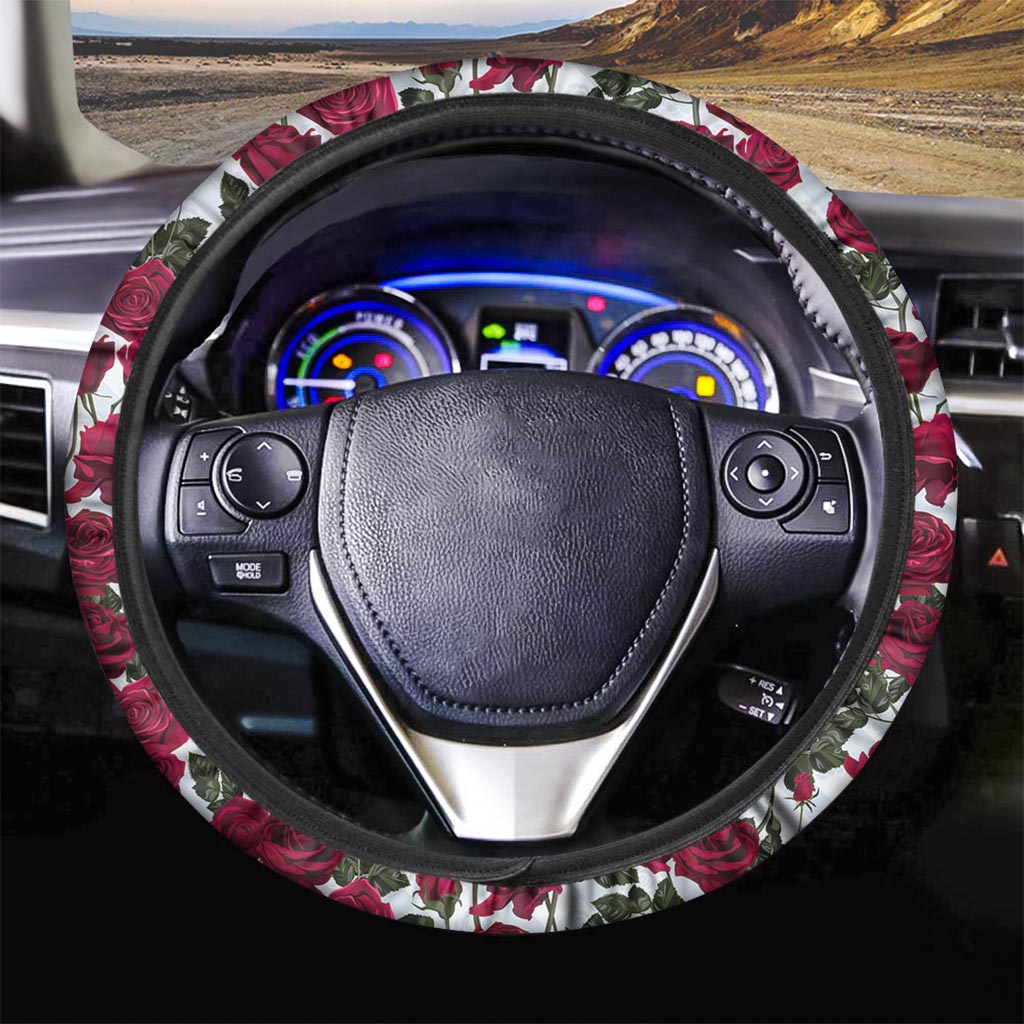 Red Rose Flower Print Steering Wheel Cover-grizzshop