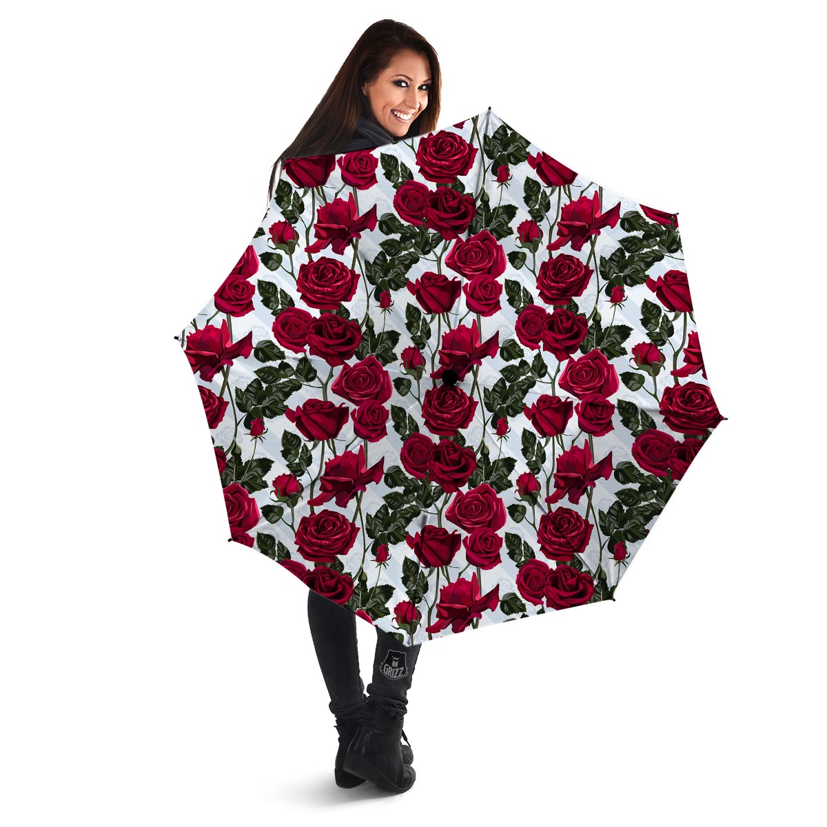 Red Rose Flower Print Umbrella-grizzshop