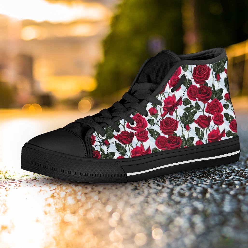 Red Rose Flower Print Women's High Top Shoes-grizzshop