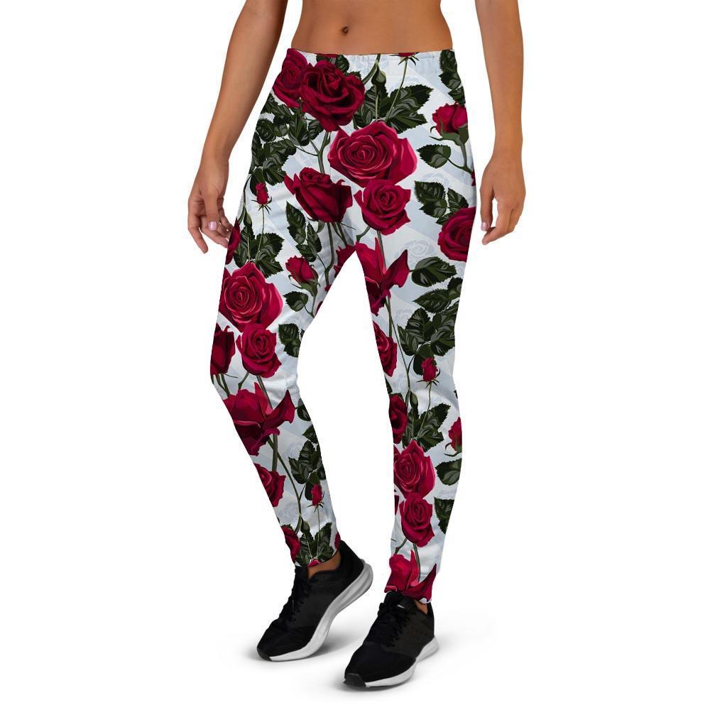 Red Rose Flower Print Women's Joggers-grizzshop