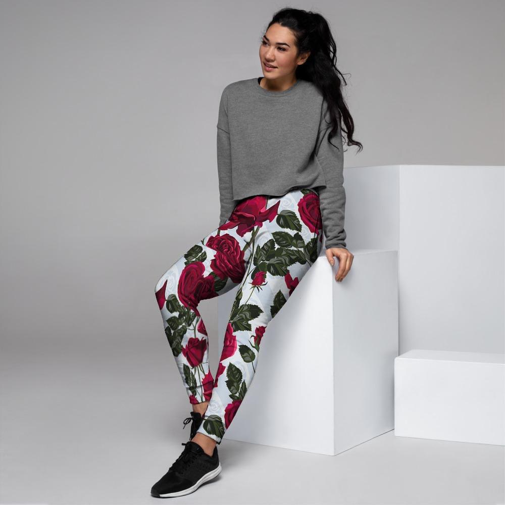 Red Rose Flower Print Women's Joggers-grizzshop