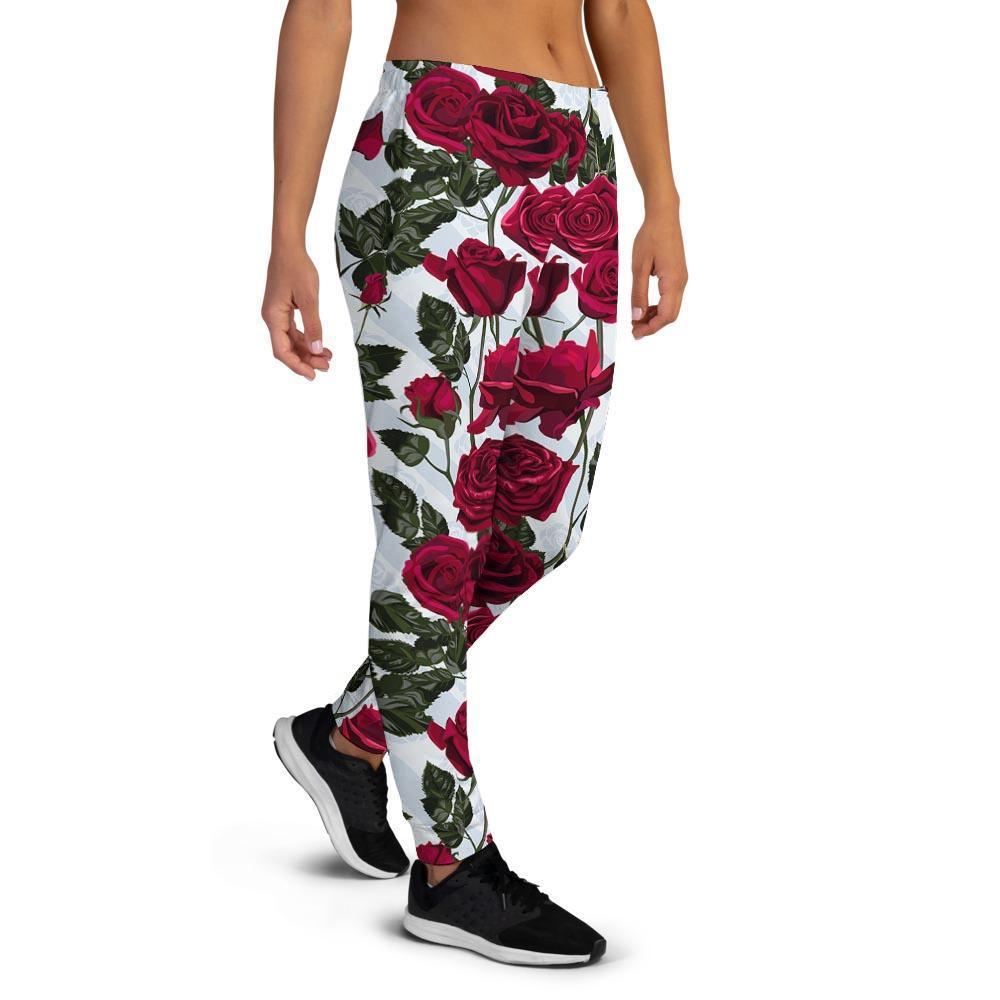 Red Rose Flower Print Women's Joggers-grizzshop