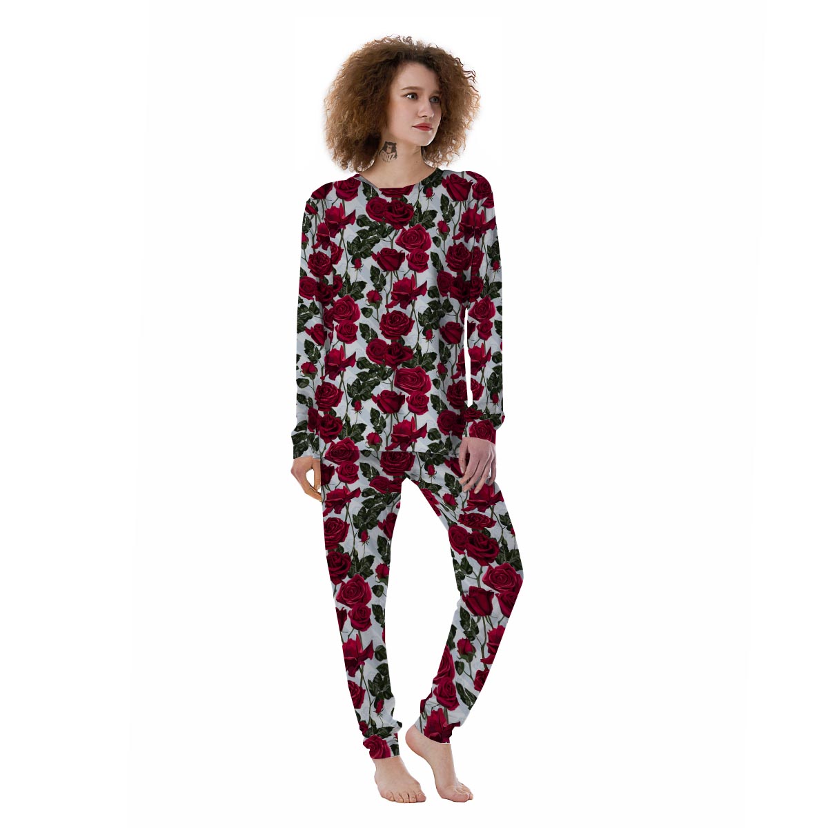 Red Rose Flower Print Women's Pajamas-grizzshop