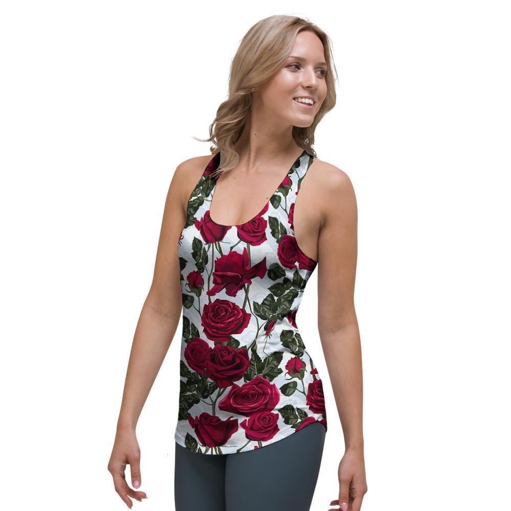 Red Rose Flower Print Women's Racerback Tank Top-grizzshop