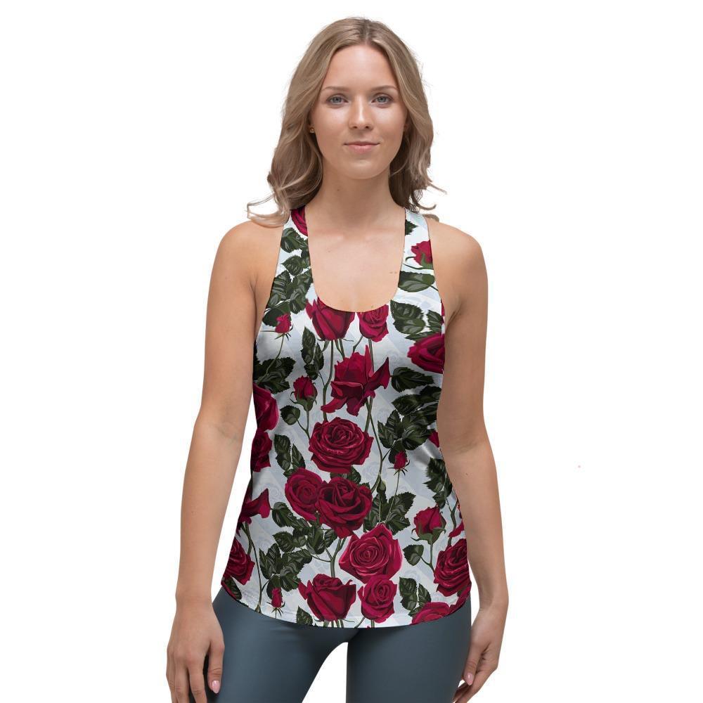 Red Rose Flower Print Women's Racerback Tank Top-grizzshop