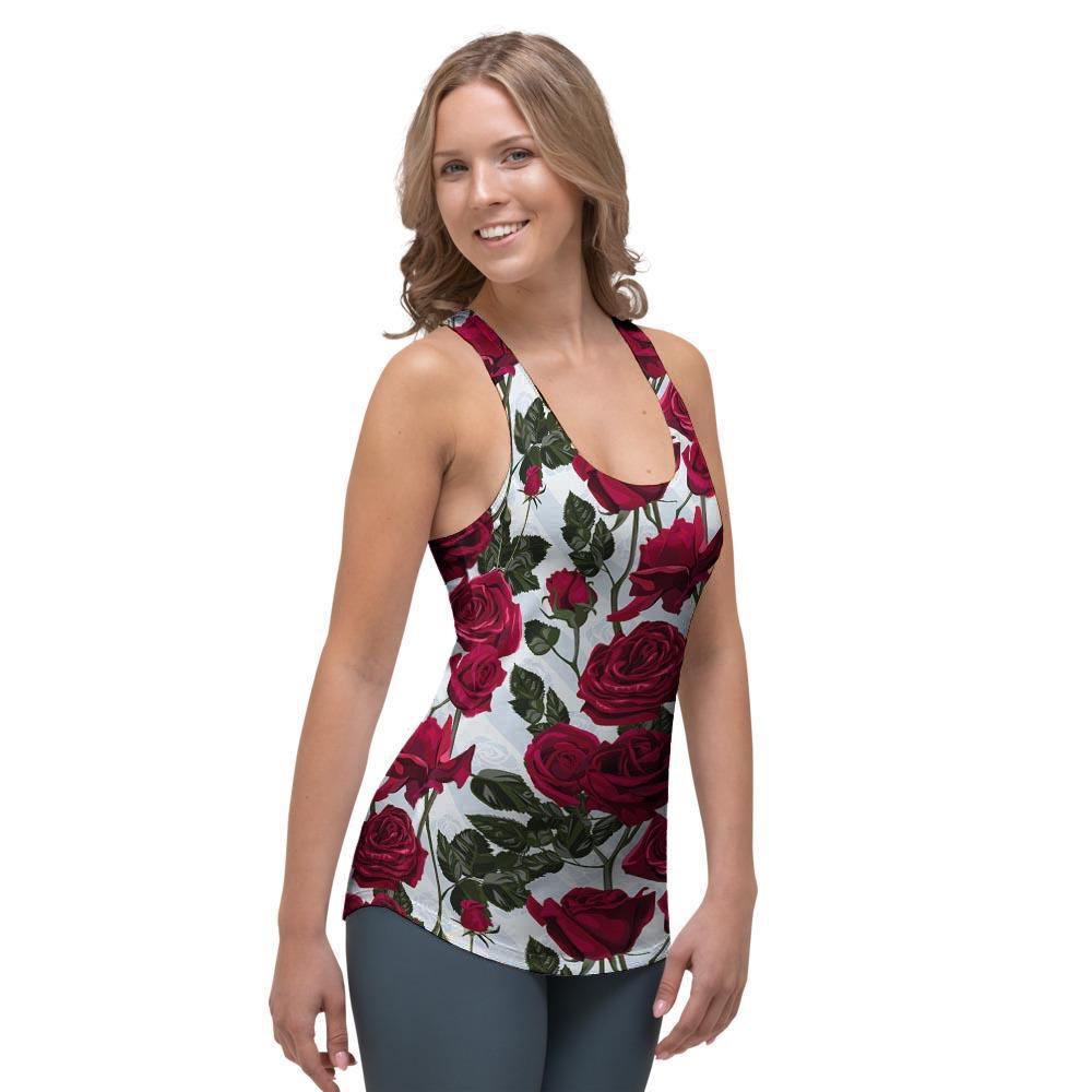 Red Rose Flower Print Women's Racerback Tank Top-grizzshop