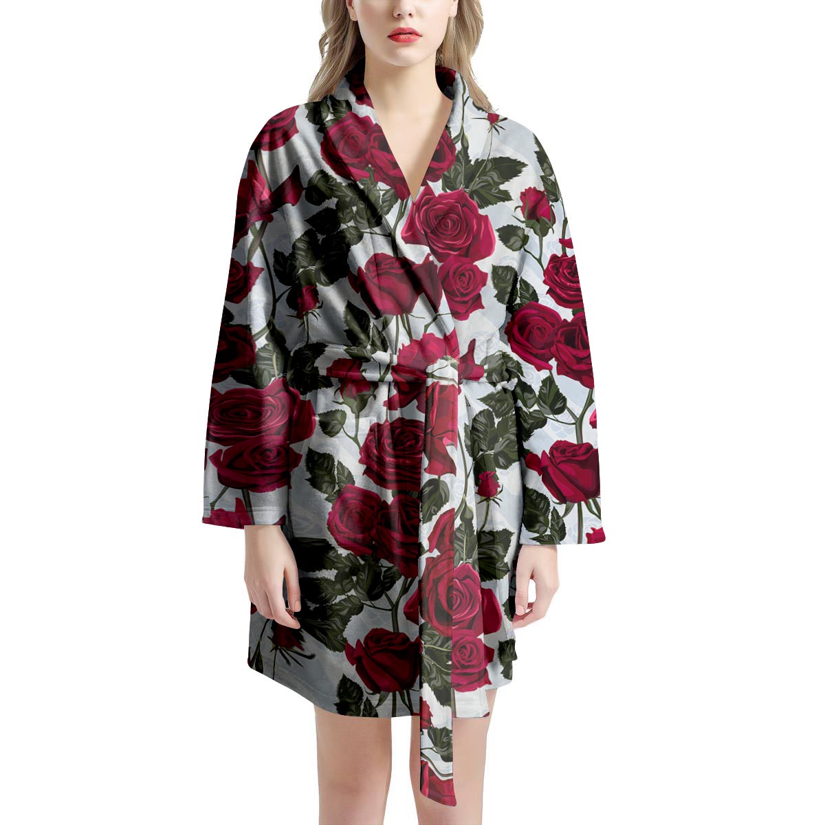 Red Rose Flower Print Women's Robe-grizzshop