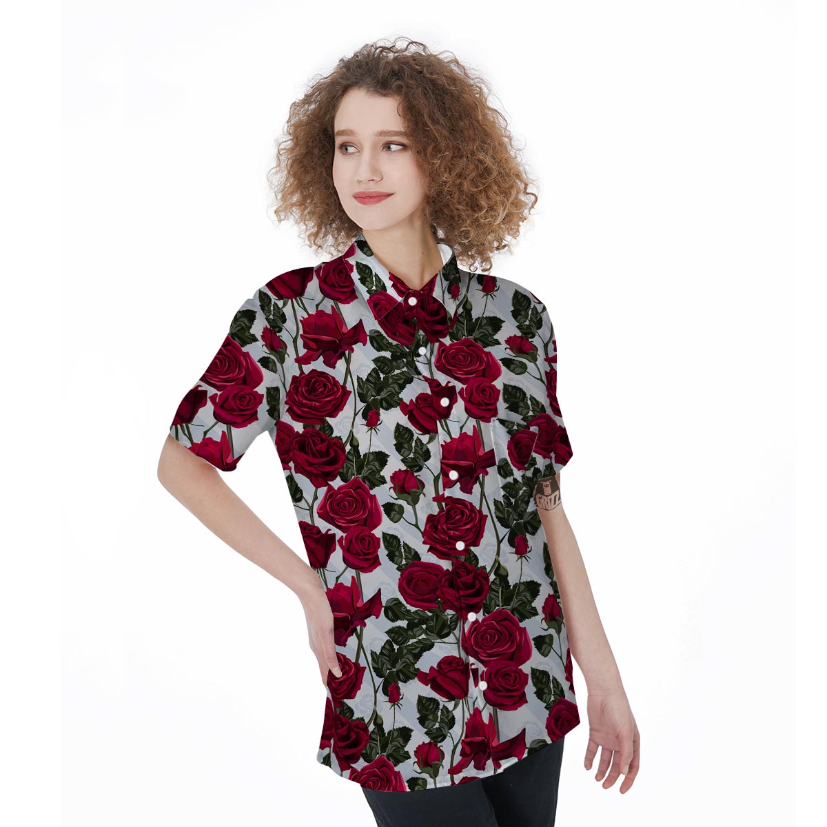 Red Rose Flower Print Women's Short Sleeve Shirts-grizzshop