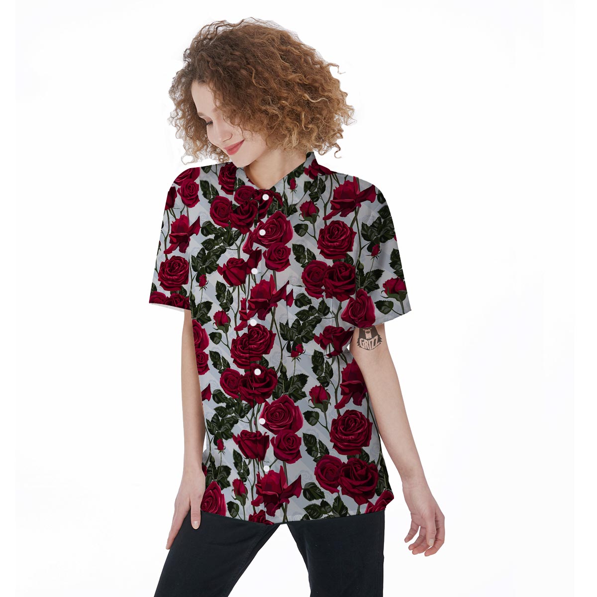 Red Rose Flower Print Women's Short Sleeve Shirts-grizzshop