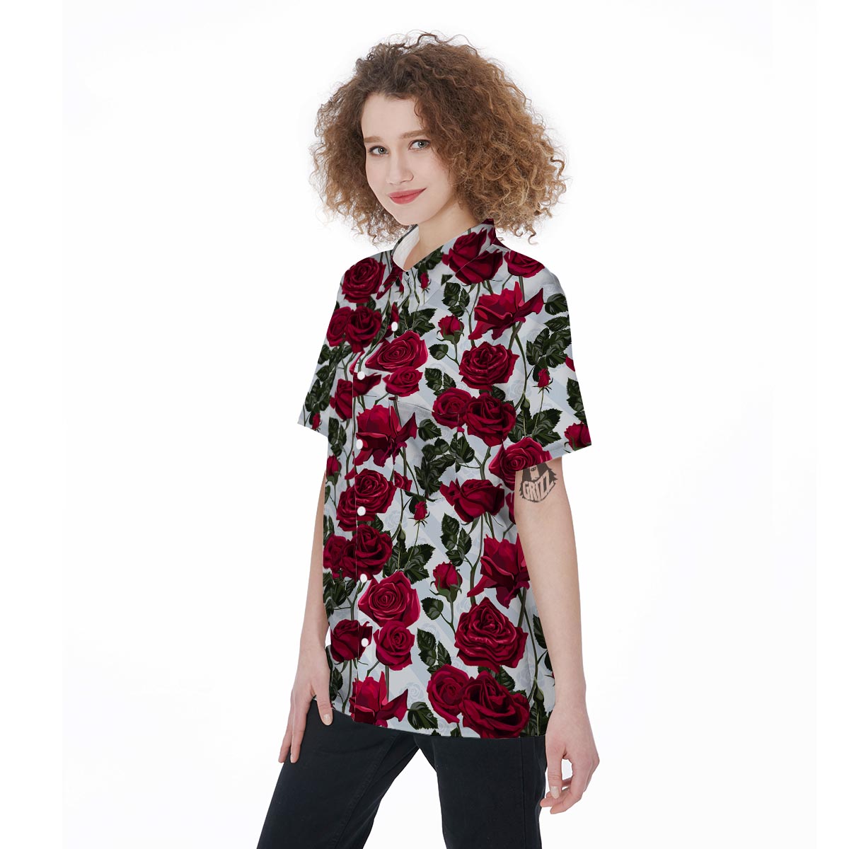 Red Rose Flower Print Women's Short Sleeve Shirts-grizzshop