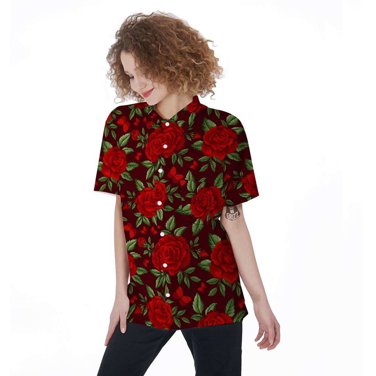 Red Rose Flower Women's Short Sleeve Shirts-grizzshop