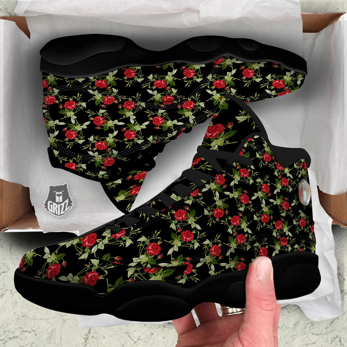 Red Rose Flowers Print Pattern Black Basketball Shoes-grizzshop