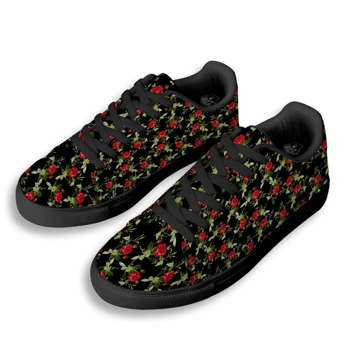 Red Rose Flowers Print Pattern Black Low Top Sneakers-grizzshop