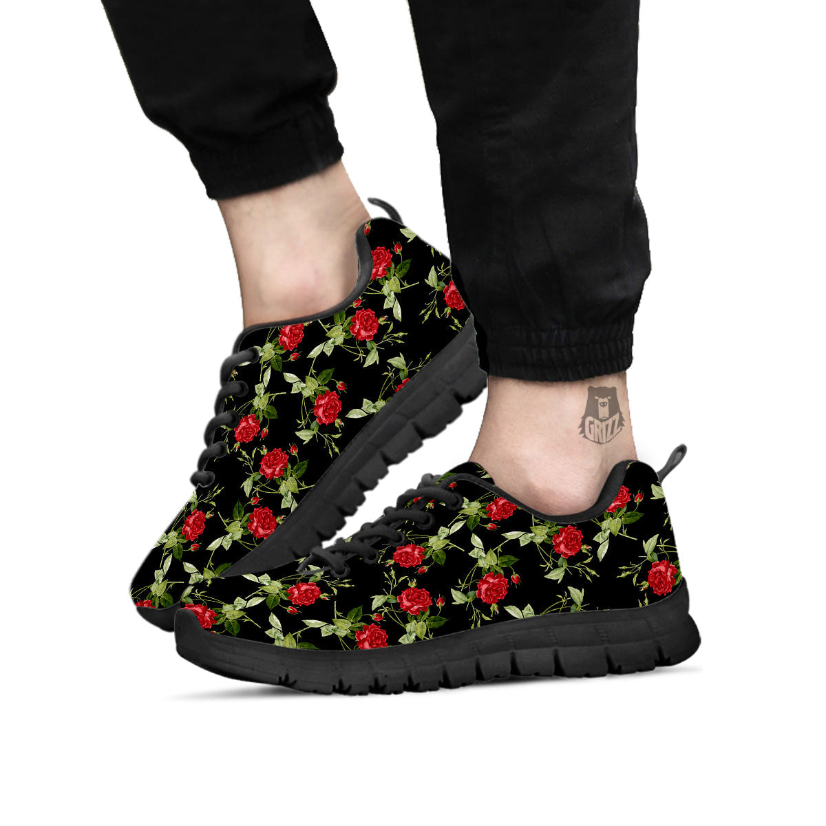 Red Rose Flowers Print Pattern Black Sneaker-grizzshop