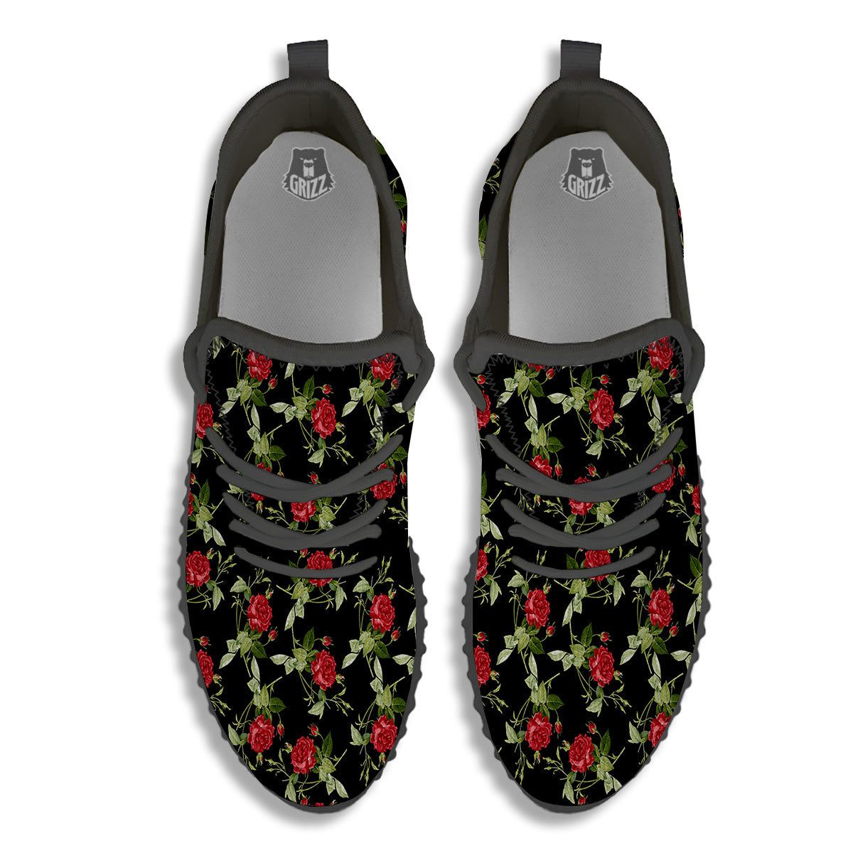 Red Rose Flowers Print Pattern Black Walking Shoes-grizzshop