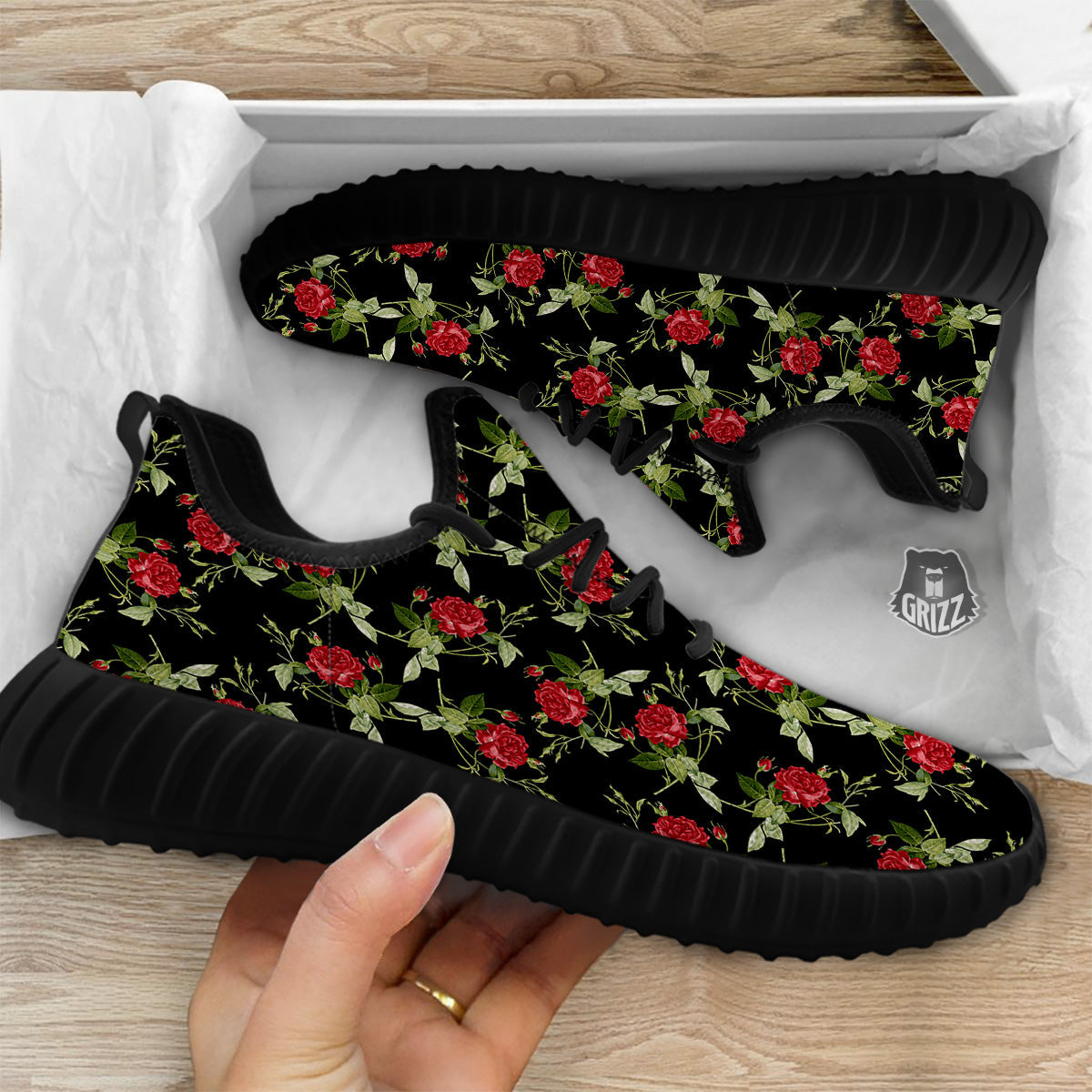 Red Rose Flowers Print Pattern Black Walking Shoes-grizzshop