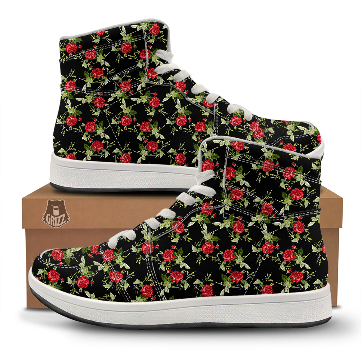 Red Rose Flowers Print Pattern High Top Sneakers-grizzshop
