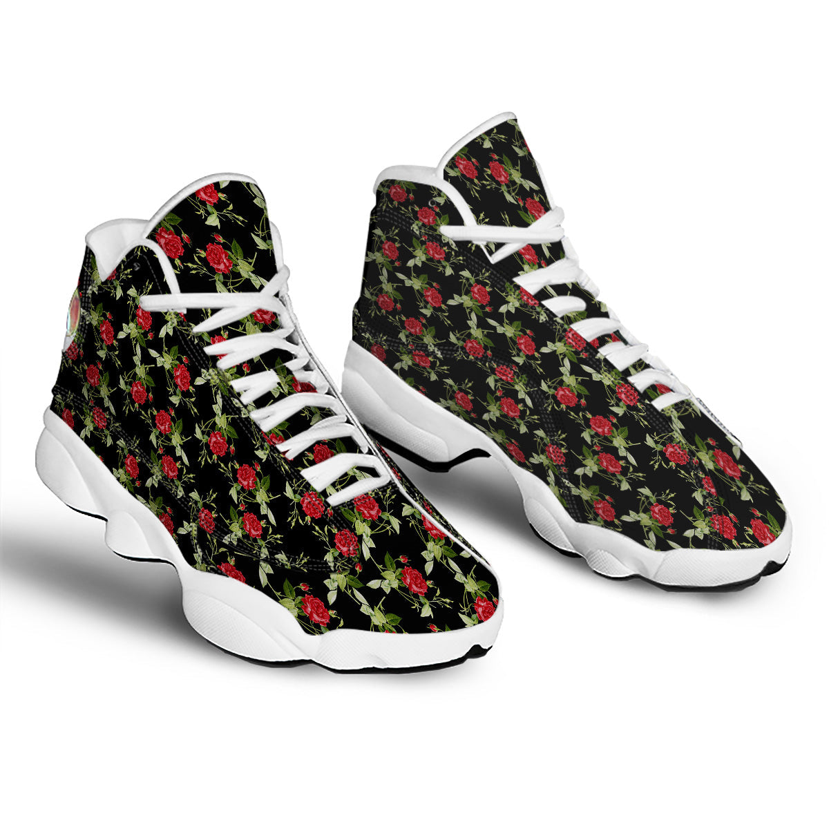 Red Rose Flowers Print Pattern White Basketball Shoes-grizzshop