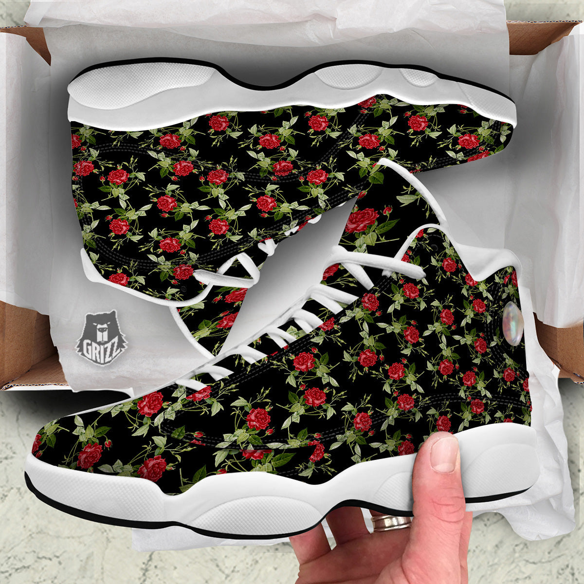 Red Rose Flowers Print Pattern White Basketball Shoes-grizzshop