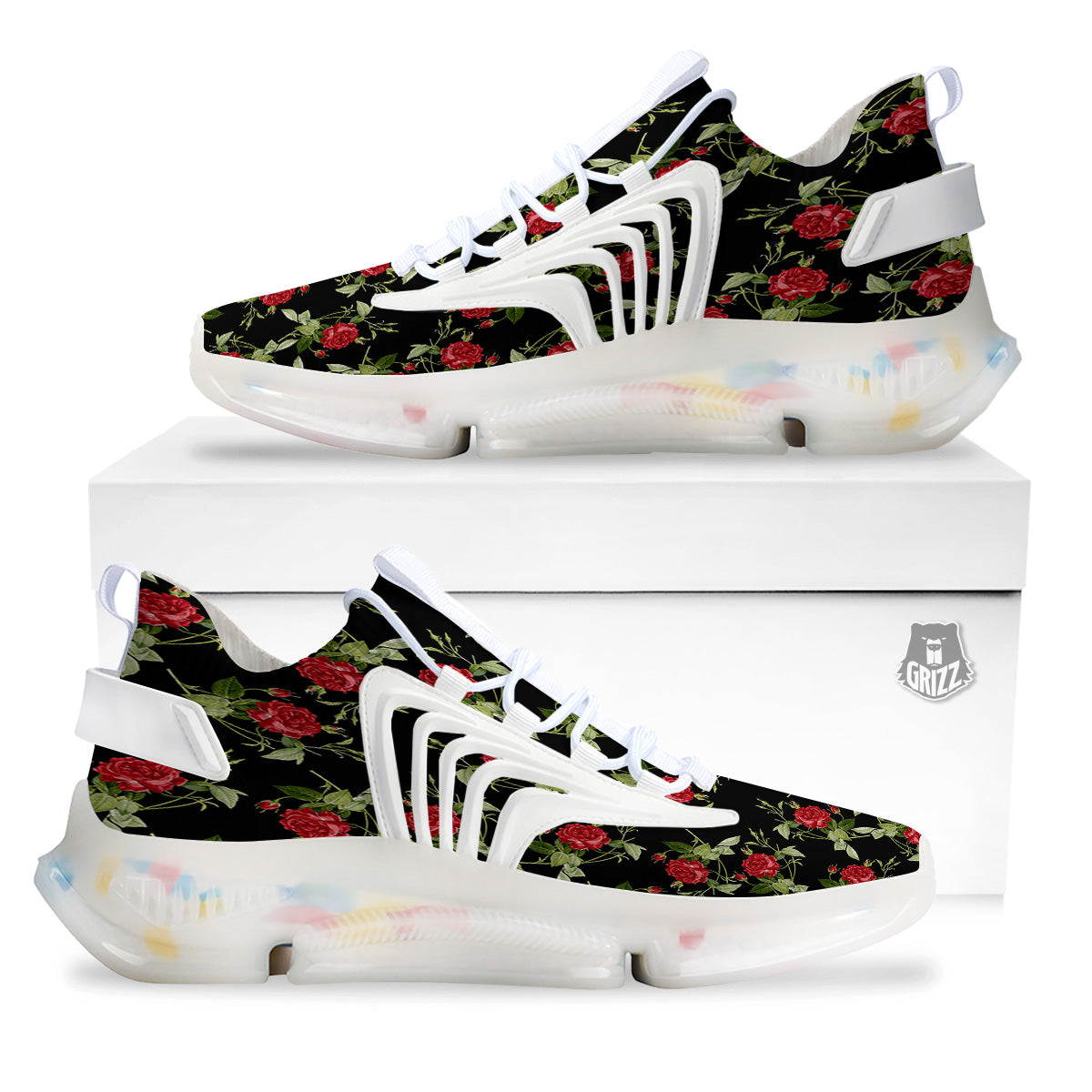 Red Rose Flowers Print Pattern White Gym Shoes-grizzshop
