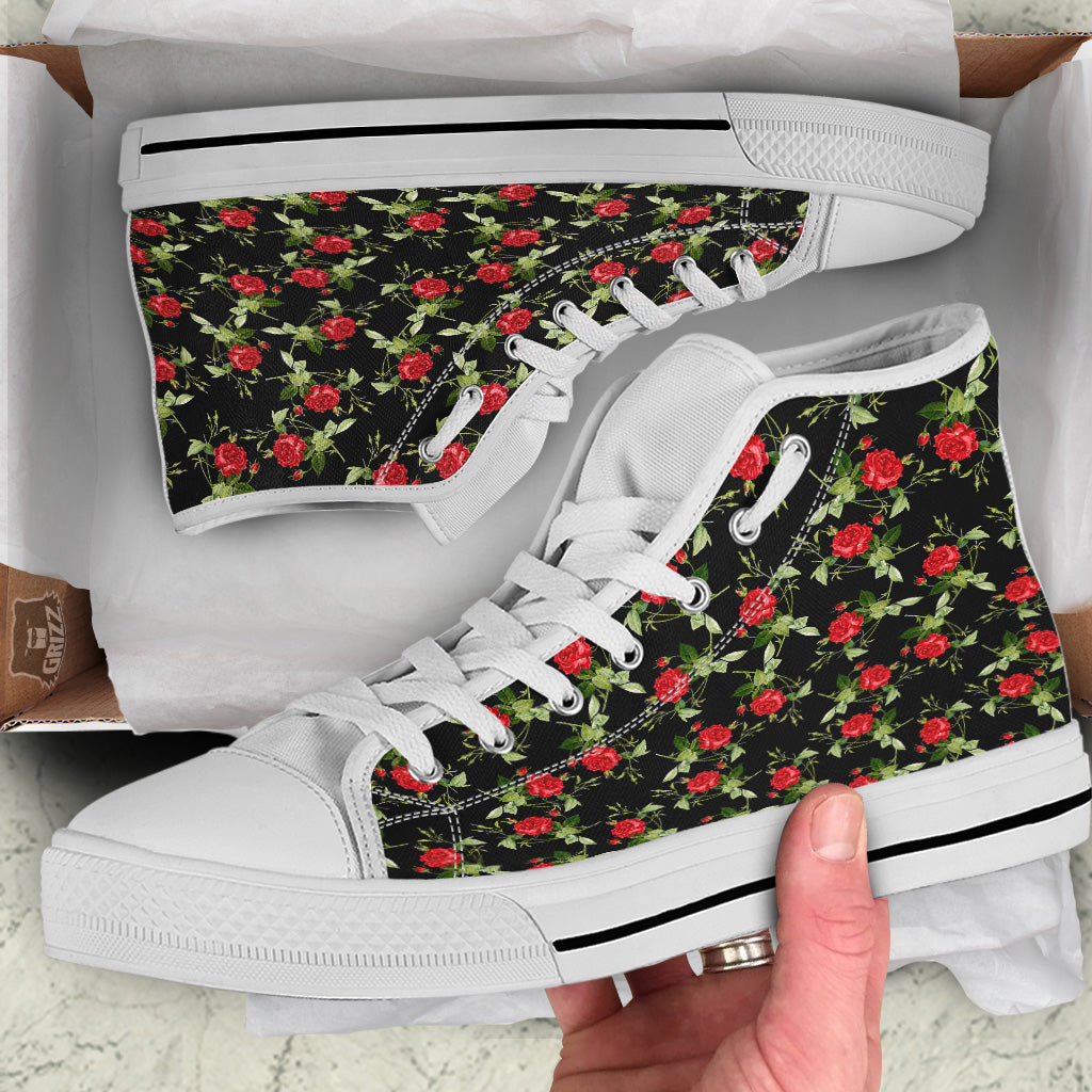 Red Rose Flowers Print Pattern White High Top Shoes-grizzshop