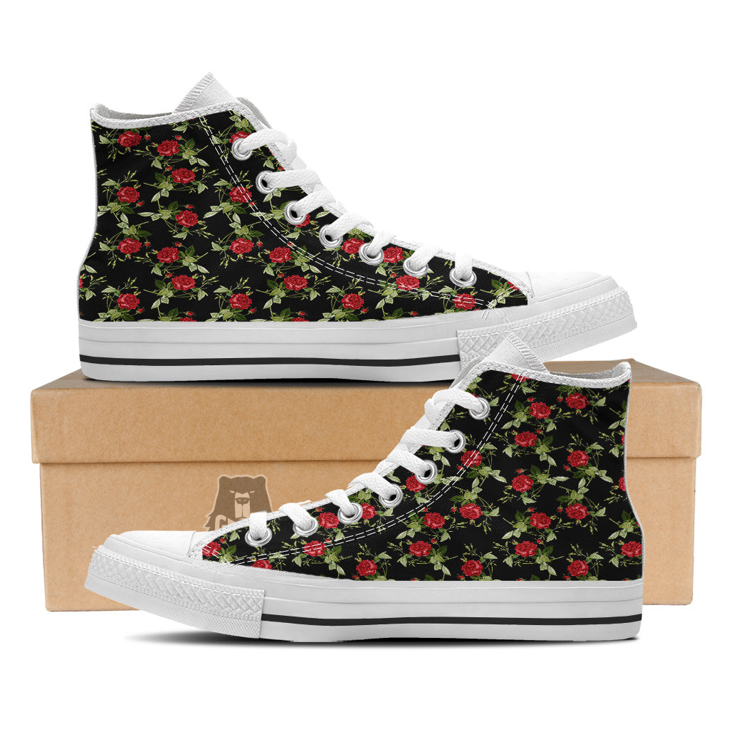 Red Rose Flowers Print Pattern White High Top Shoes-grizzshop