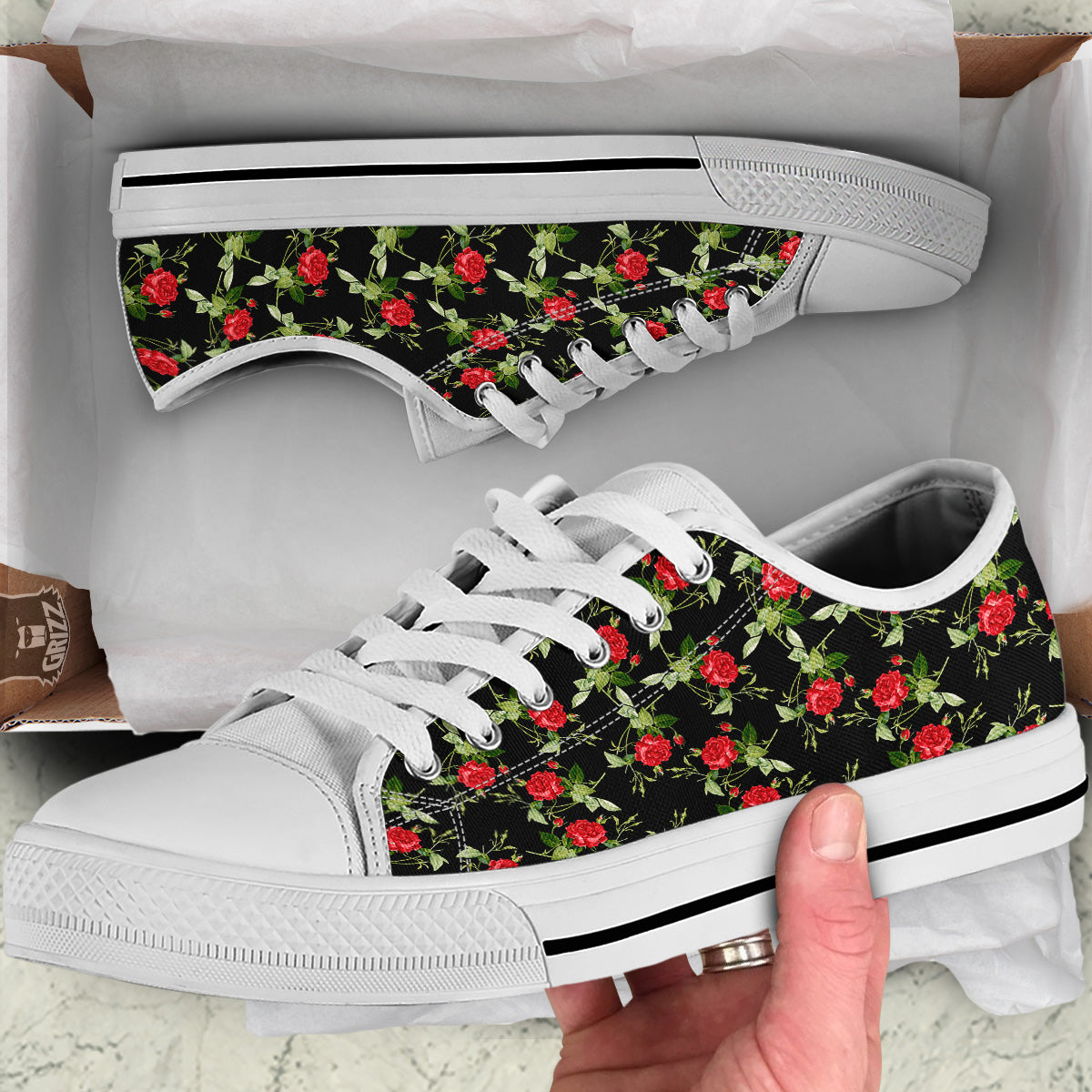 Red Rose Flowers Print Pattern White Low Top Shoes-grizzshop
