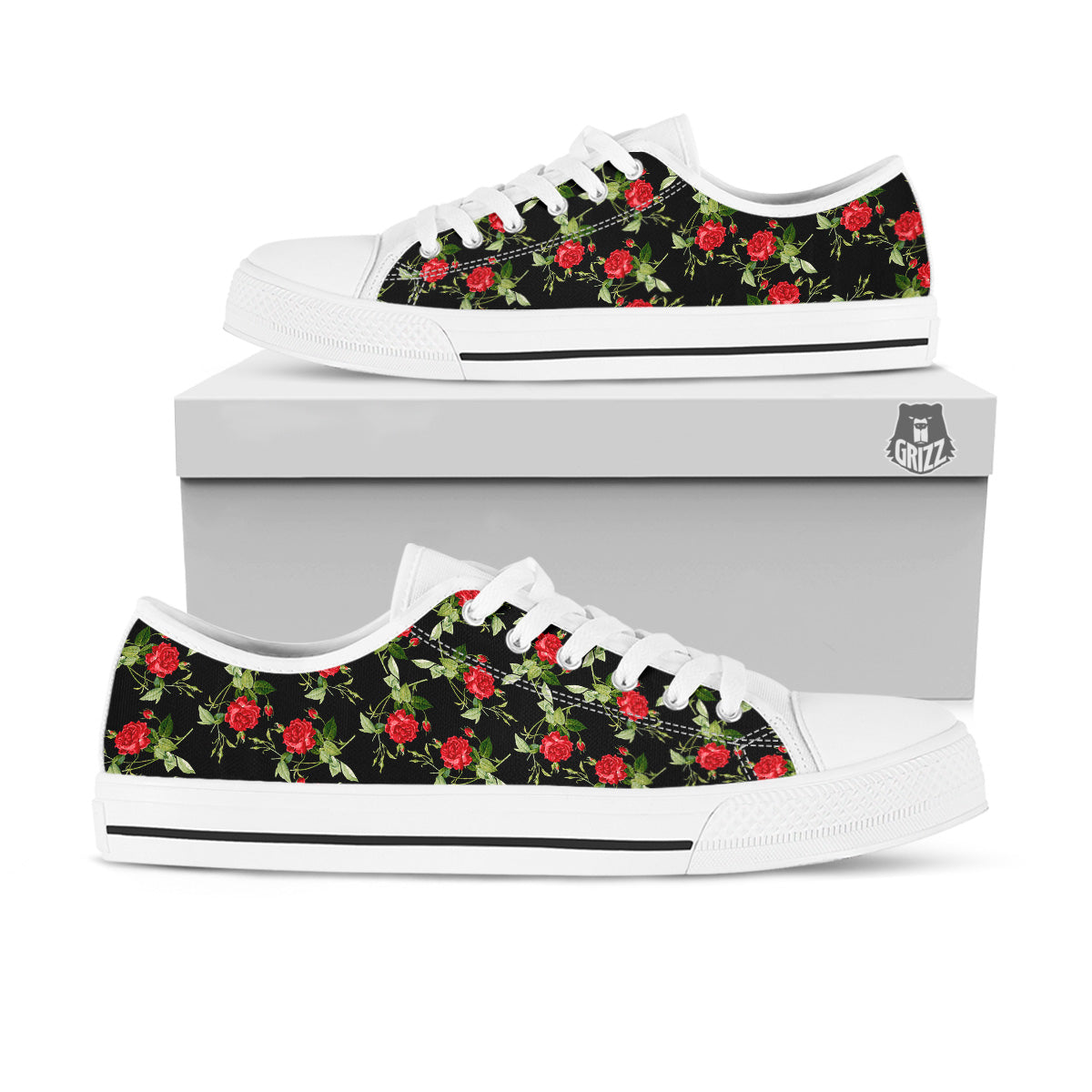 Red Rose Flowers Print Pattern White Low Top Shoes-grizzshop
