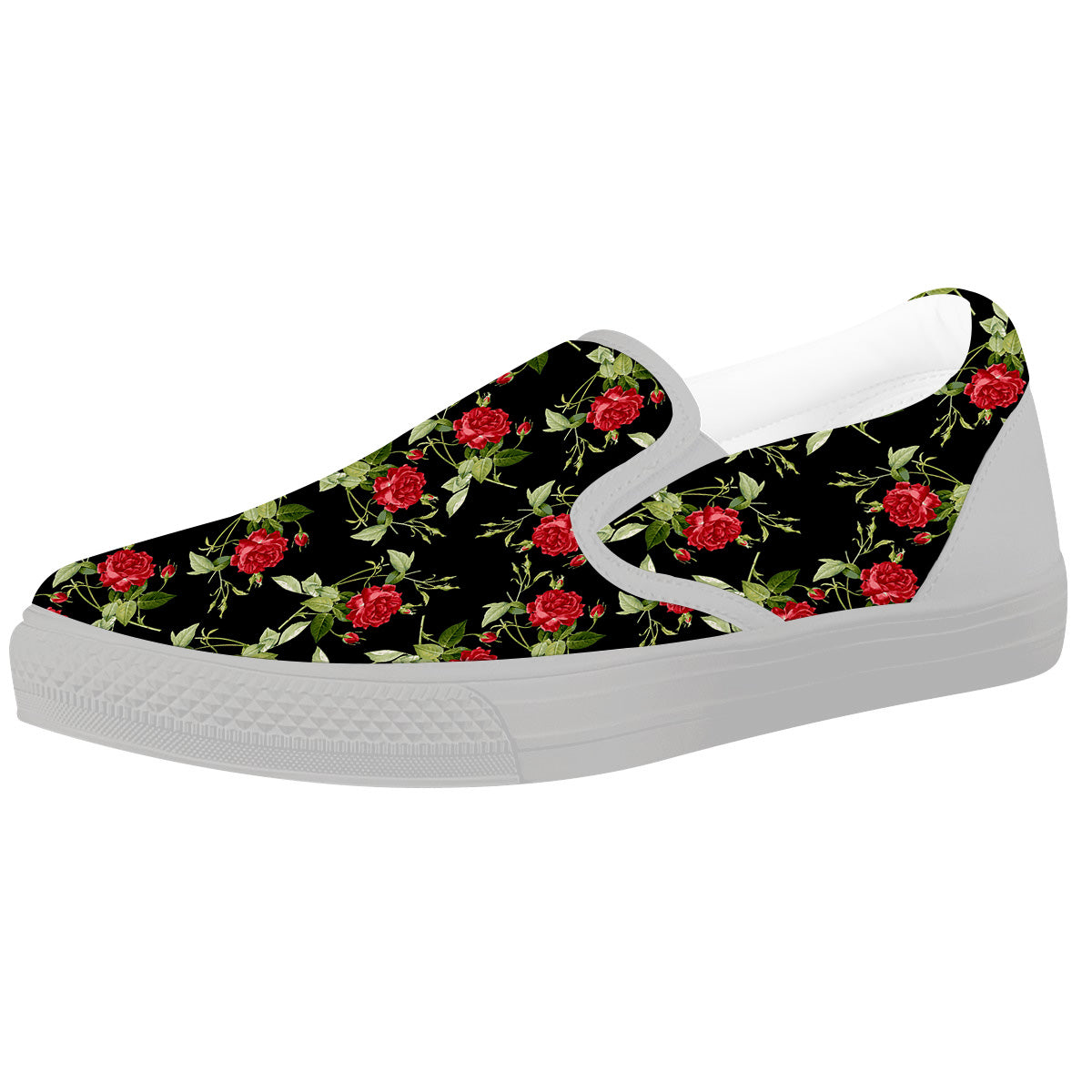 Red Rose Flowers Print Pattern White Slip On Shoes-grizzshop