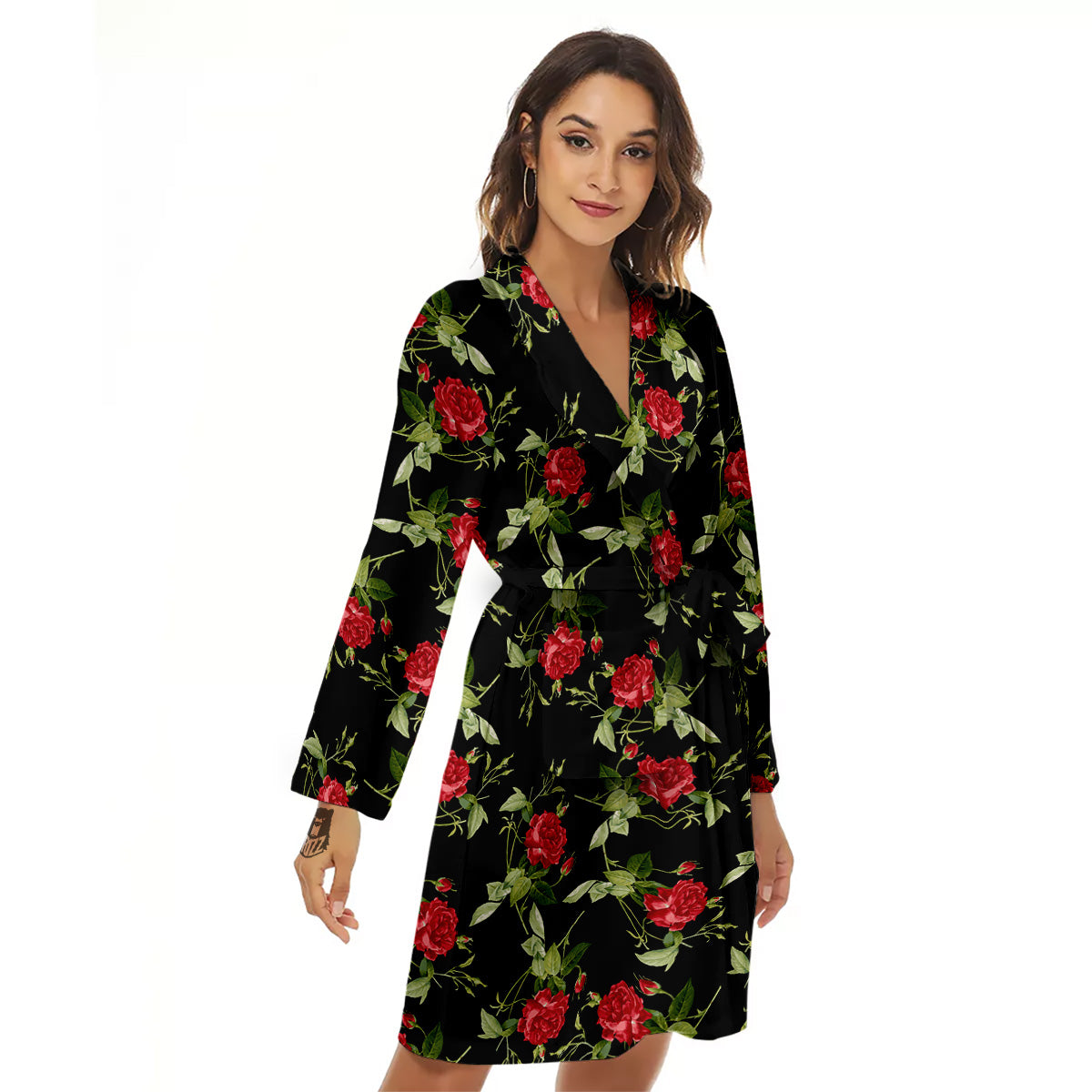 Red Rose Flowers Print Pattern Women's Robe-grizzshop
