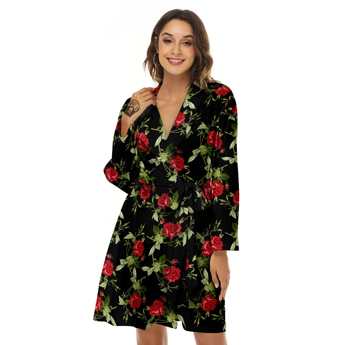 Red Rose Flowers Print Pattern Women's Robe-grizzshop