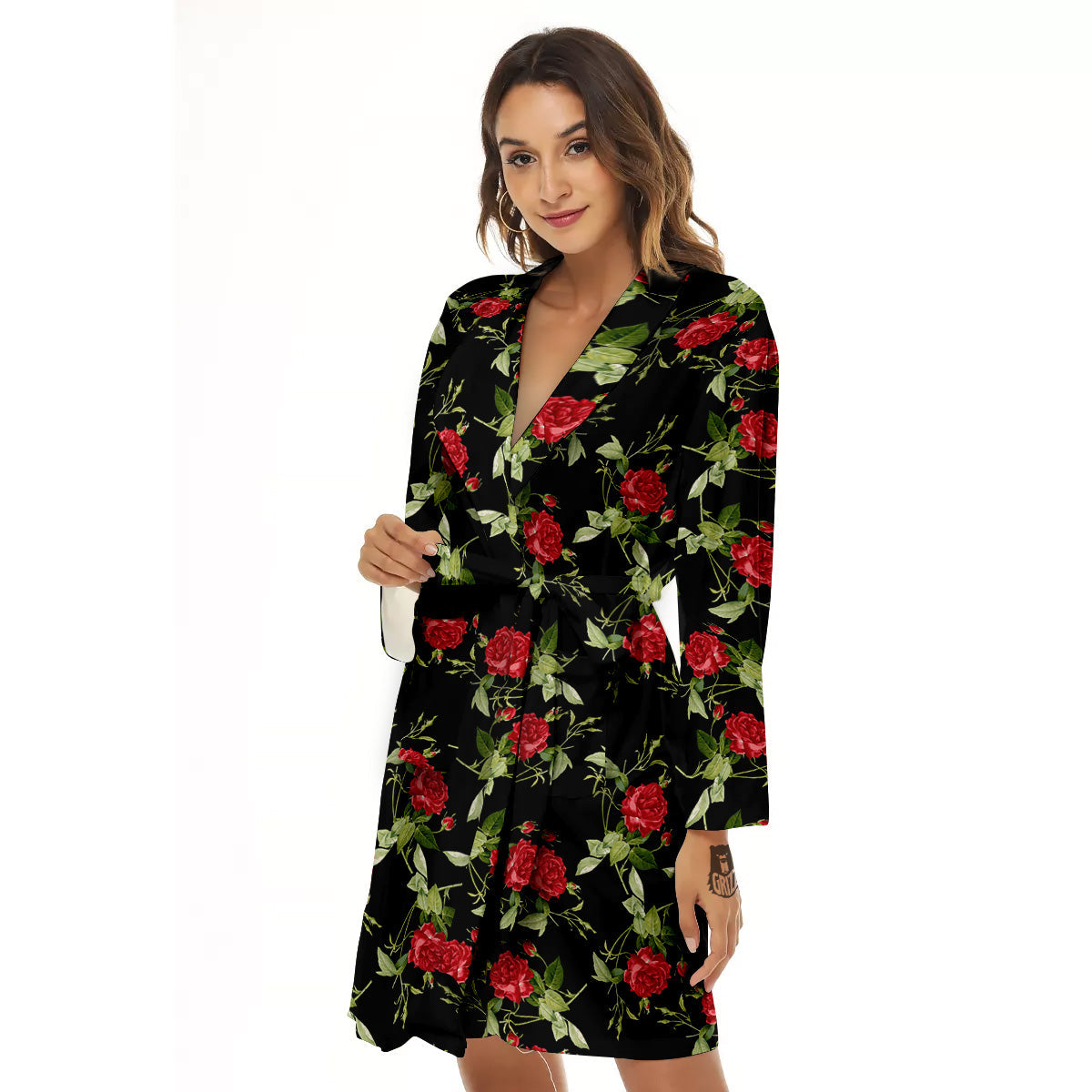 Red Rose Flowers Print Pattern Women's Robe-grizzshop