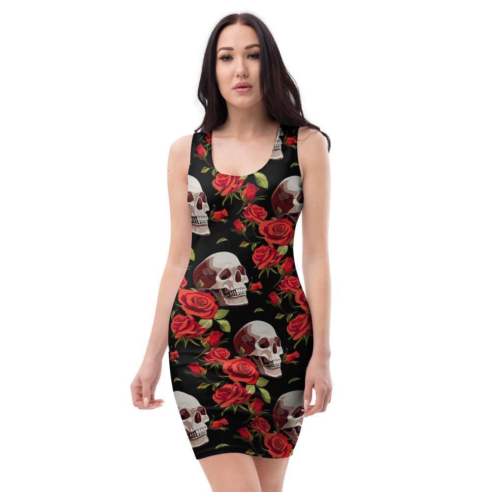 Red Rose Skull Bodycon Dress-grizzshop