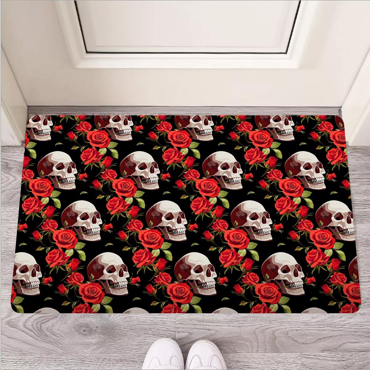 Red Rose Skull Door Mat-grizzshop