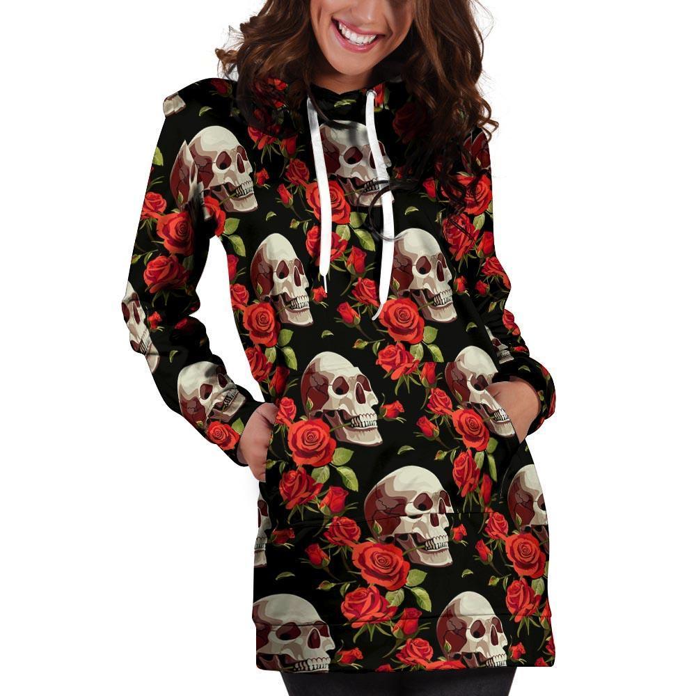 Red Rose Skull Hoodie Dress-grizzshop