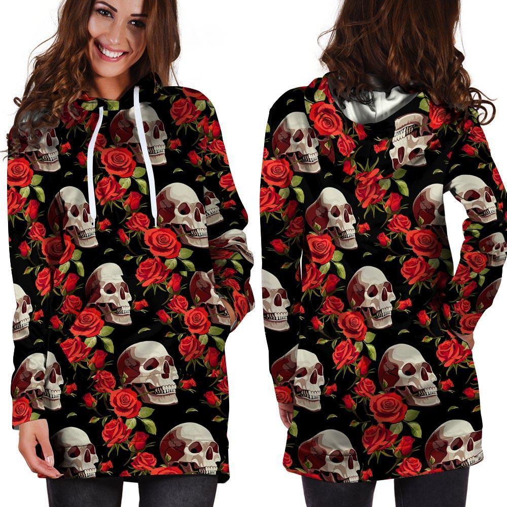 Red Rose Skull Hoodie Dress-grizzshop