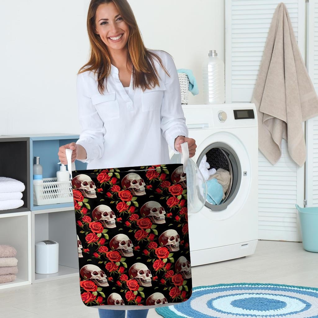 Red Rose Skull Laundry Basket-grizzshop