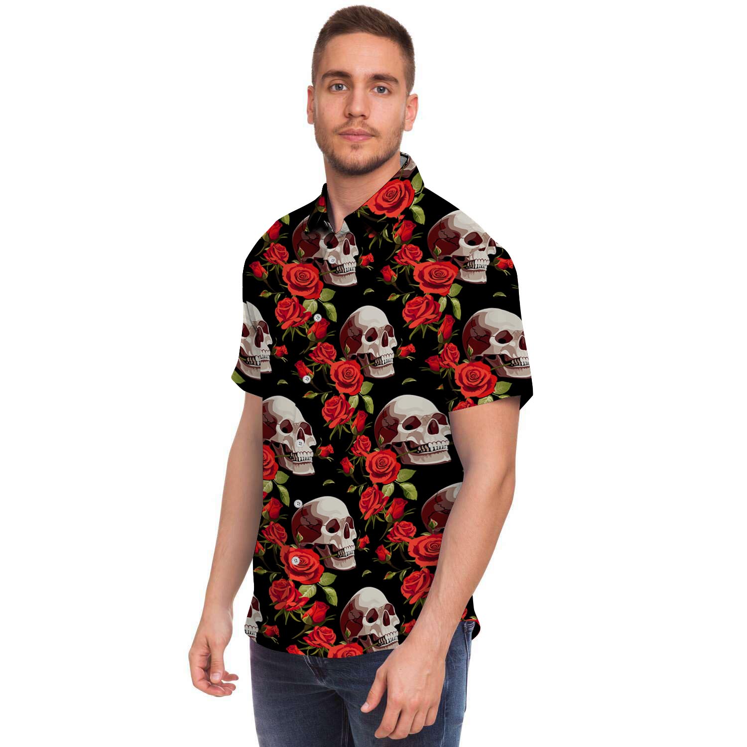 Red Rose Skull Men's Short Sleeve Shirt-grizzshop