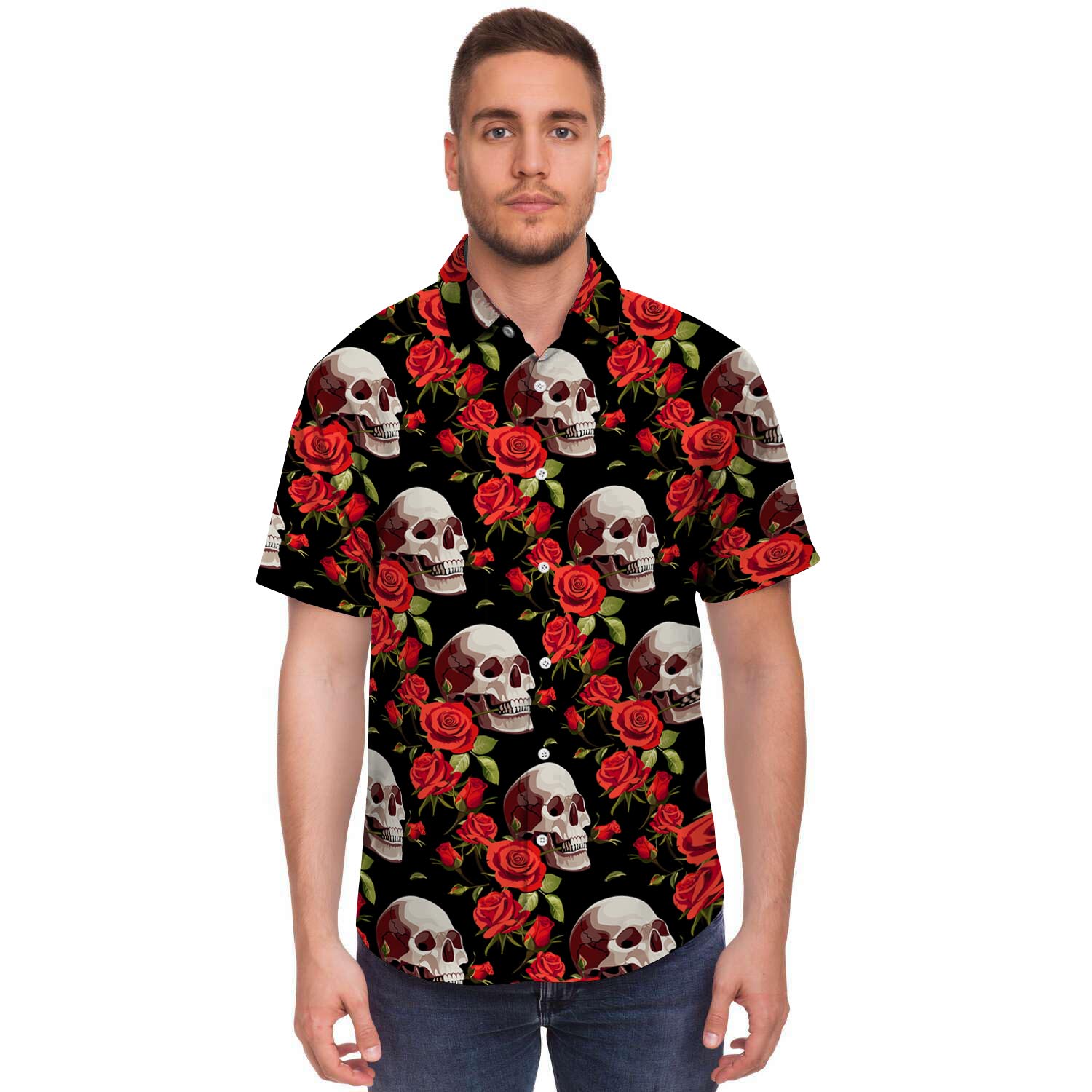 Red Rose Skull Men's Short Sleeve Shirt-grizzshop