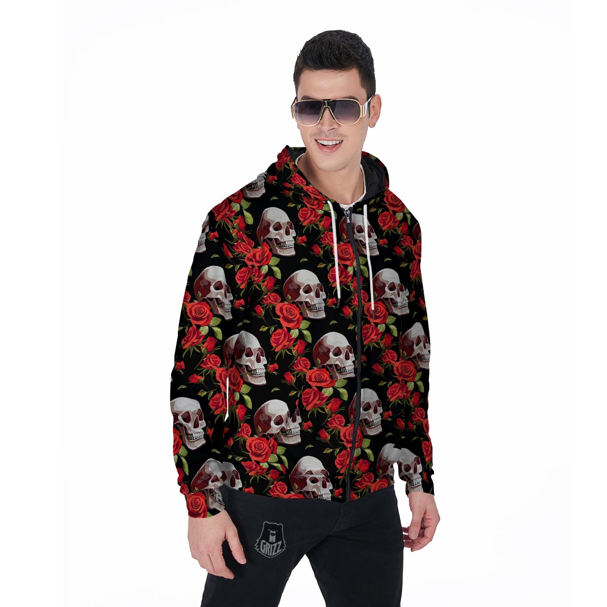 Red Rose Skull Men's Zip Up Hoodie-grizzshop