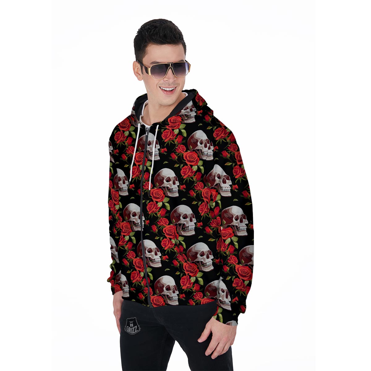 Red Rose Skull Men's Zip Up Hoodie-grizzshop