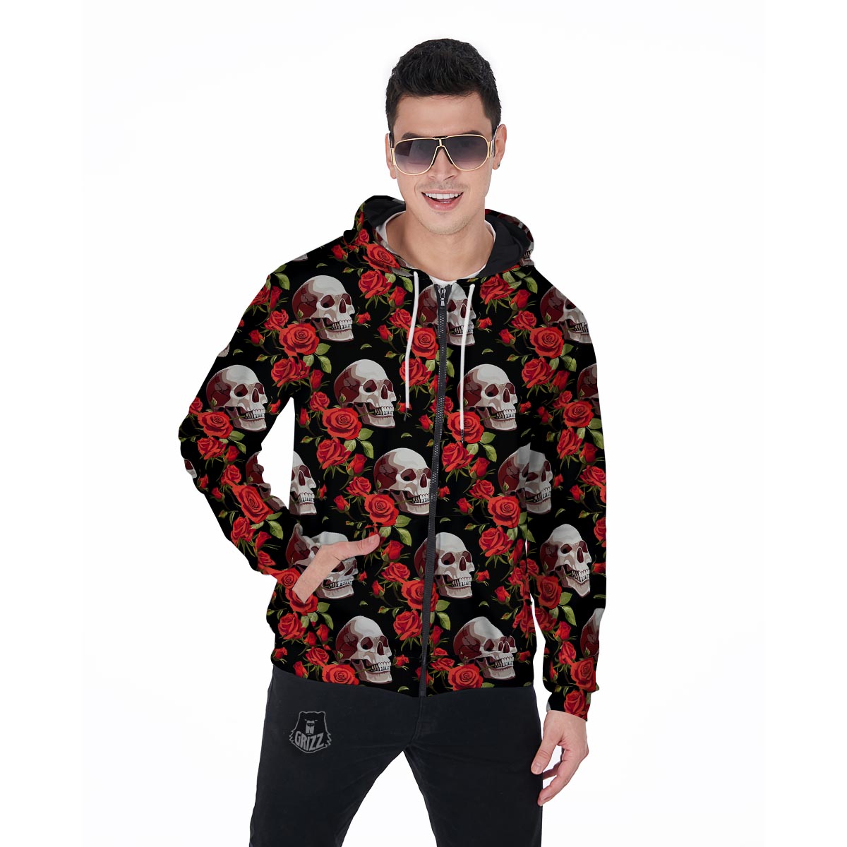 Red Rose Skull Men's Zip Up Hoodie-grizzshop