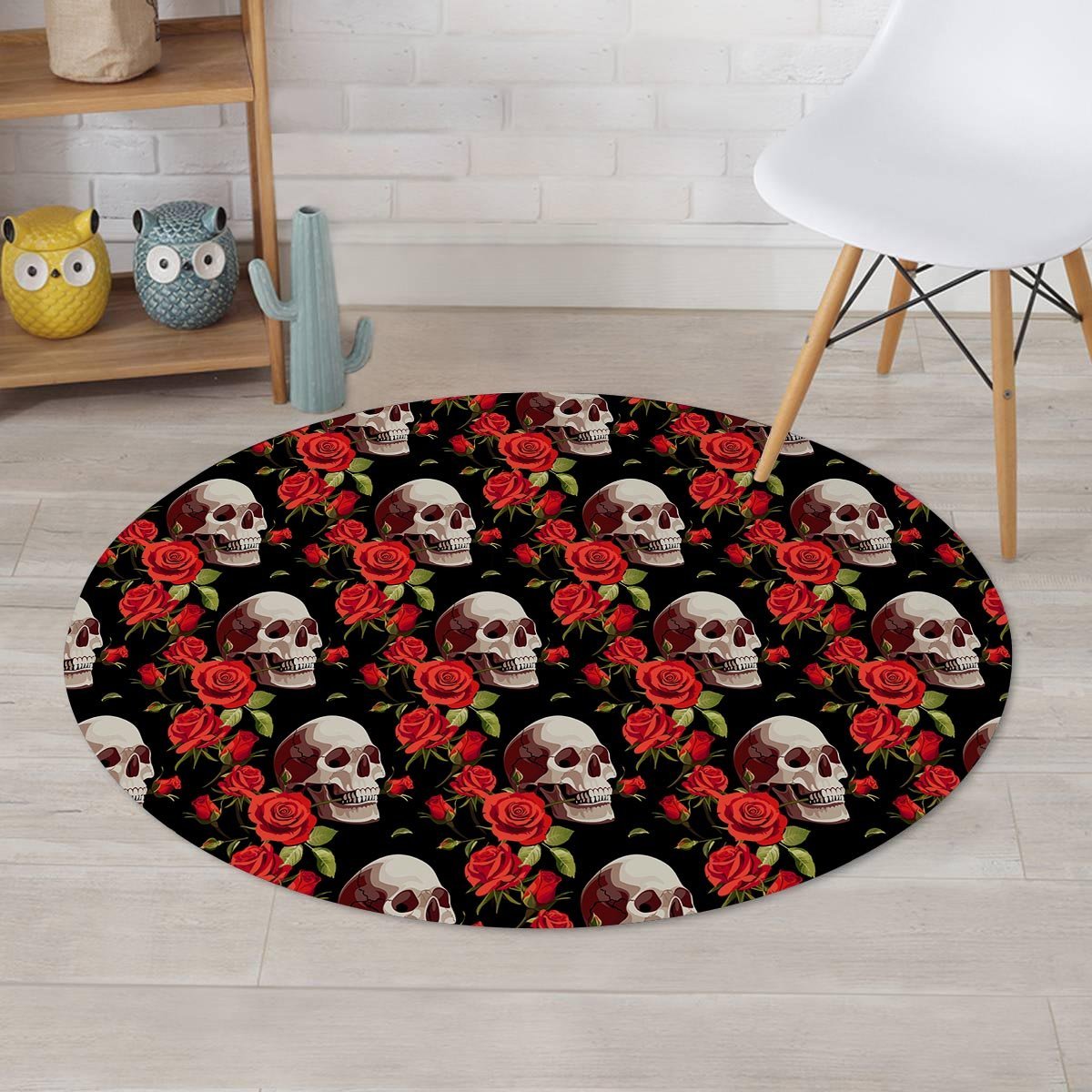 Red Rose Skull Round Rug-grizzshop