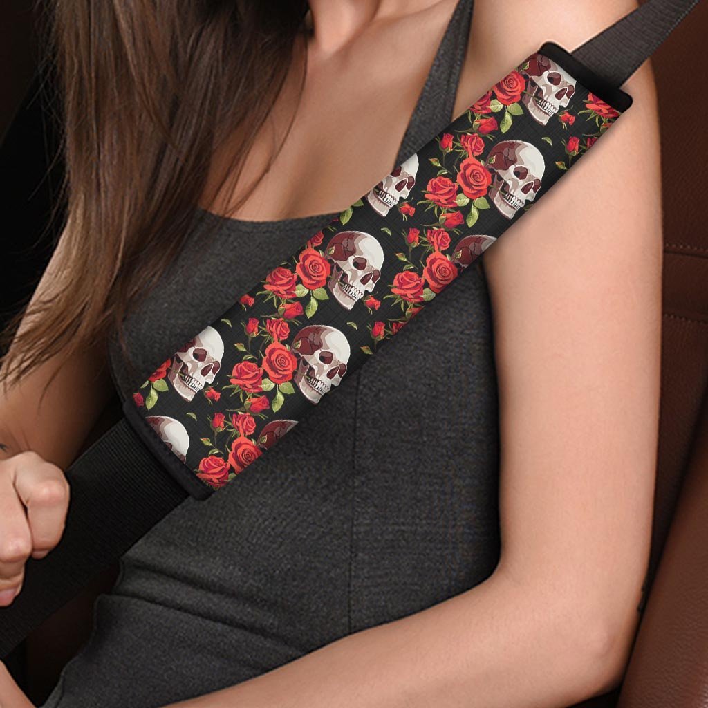 Red Rose Skull Seat Belt Cover-grizzshop