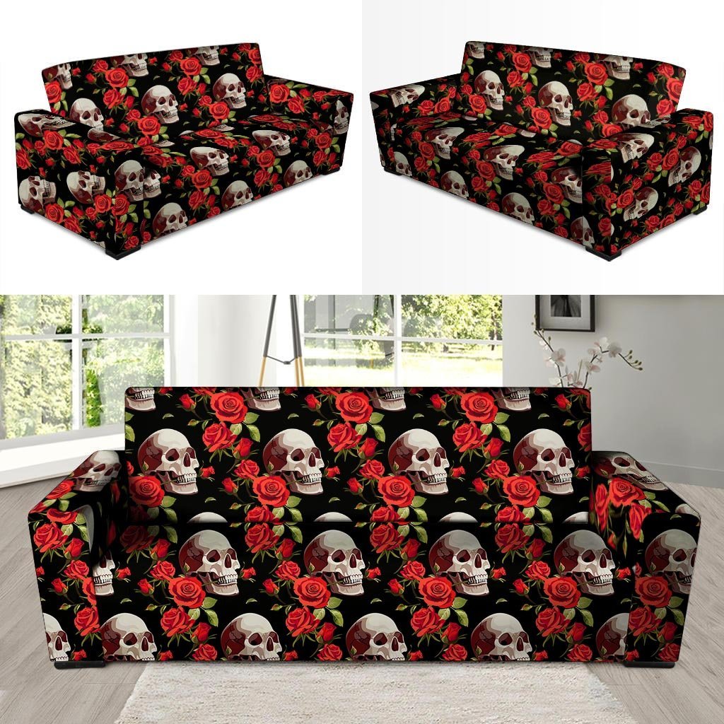 Red Rose Skull Sofa Cover-grizzshop